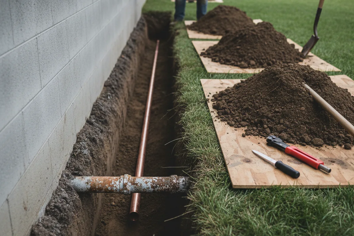 Excavated water line trench during Water Heater Repair in Lansing